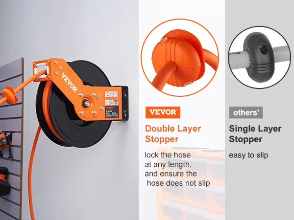VEVOR air hose reel with double-layer stopper for secure hose locking, contrasted with single-layer stopper.