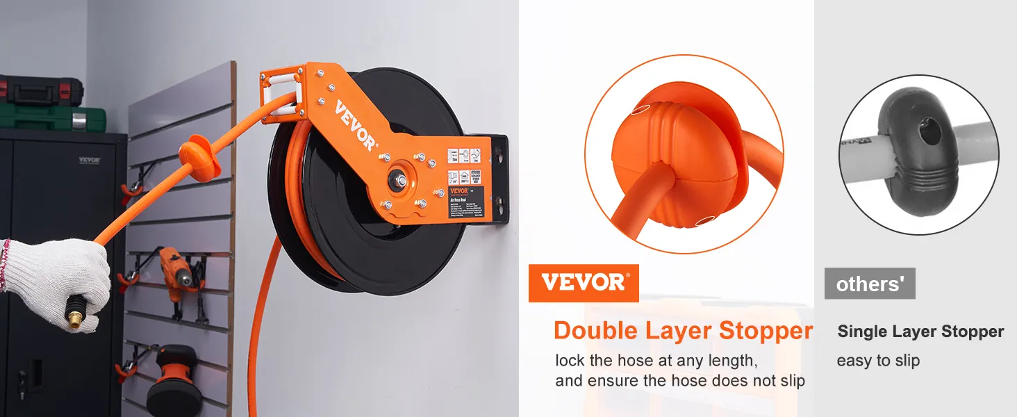 VEVOR air hose reel with double-layer stopper for secure hose locking, contrasted with single-layer stopper.