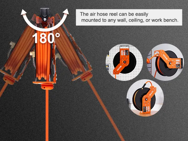 VEVOR air hose reel with 180-degree swivel mountable on wall, ceiling, or workbench, shown in three setups.