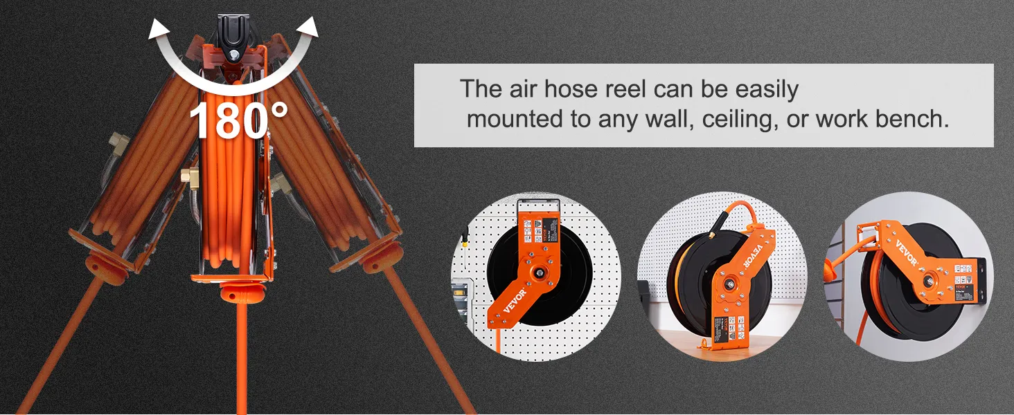 VEVOR air hose reel with 180-degree swivel mountable on wall, ceiling, or workbench, shown in three setups.