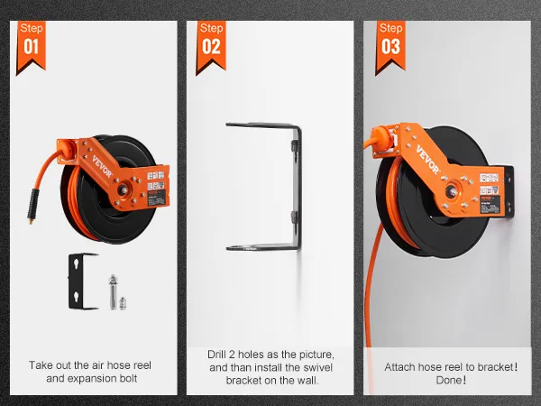 VEVOR air hose reel installation steps: unpack, drill and install bracket, attach hose reel. done!