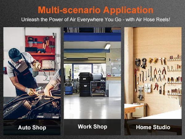 multi-scenario uses for VEVOR air hose reel: auto shop, workshop, and home studio environments.