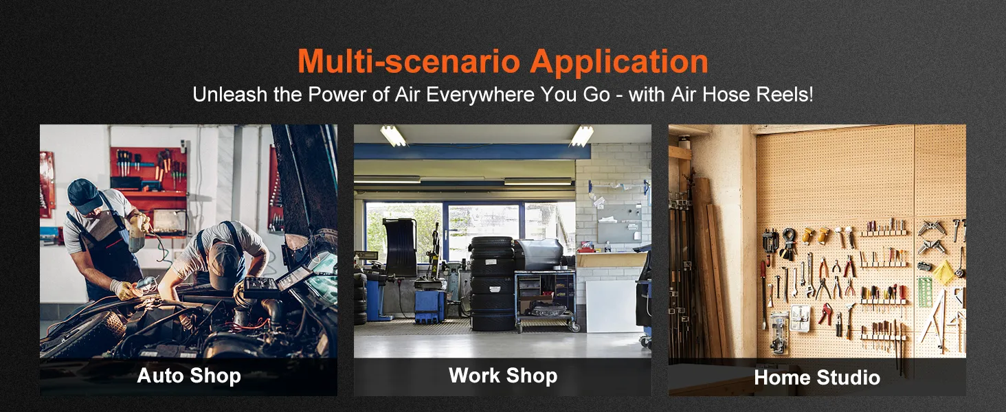 multi-scenario uses for VEVOR air hose reel: auto shop, workshop, and home studio environments.