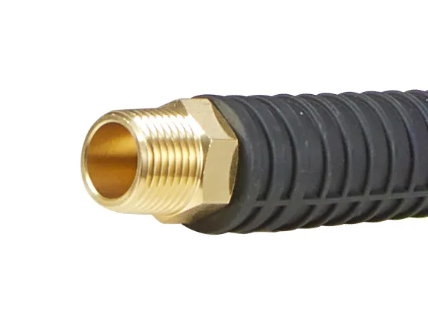 brass fitting on black rubber hose for VEVOR air hose reel, close-up view.