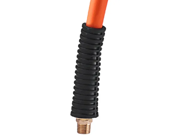 orange air hose with black protective sleeve and brass fitting, part of the VEVOR air hose reel system.