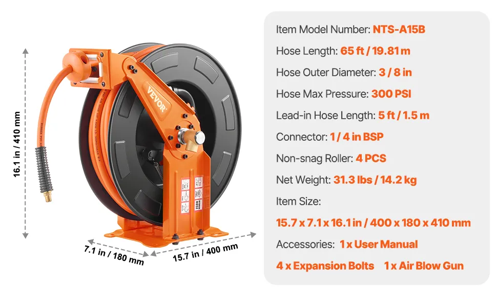 VEVOR Retractable Air Hose Reel 3/8IN x 65FT Hybrid Air Hose with Double Arms