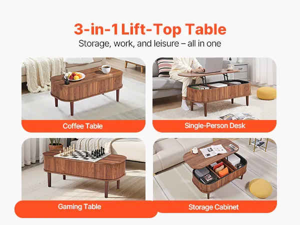 VEVOR 39.4 in Lift Top Coffee Table Fluted Oval Table Hidden Compartment Walnut