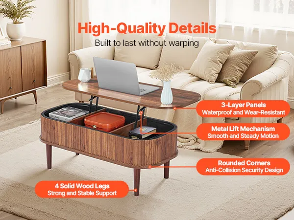 VEVOR 39.4 in Lift Top Coffee Table Fluted Oval Table Hidden Compartment Walnut
