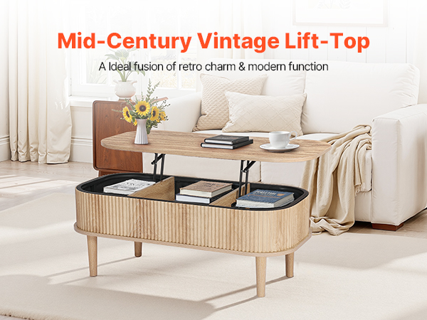 VEVOR 1000 mm Lift Top Coffee Table, Fluted Oval Coffee Table with
