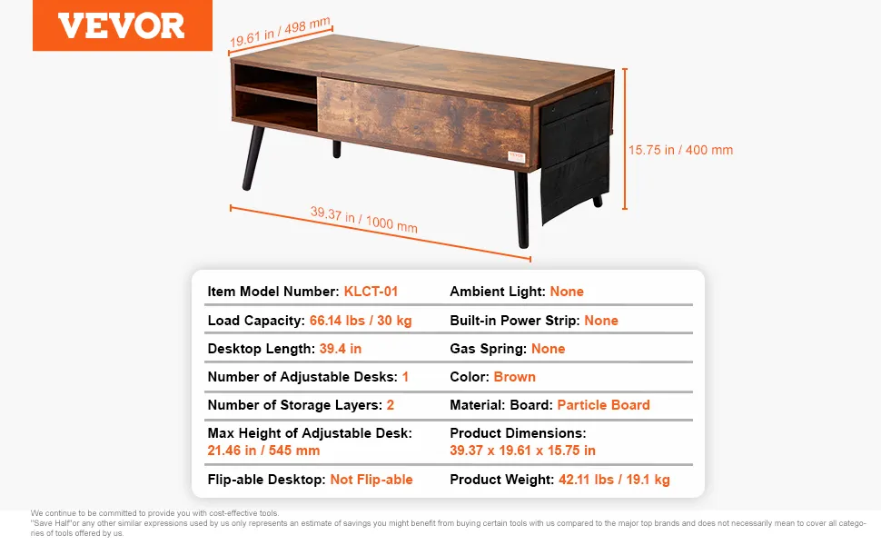 VEVOR lift top coffee table in brown with dimensions and specifications detailing features and materials.