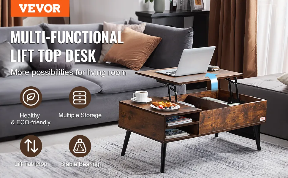VEVOR lift top coffee table in the living room with multiple storage, laptop, snacks, and a cup.