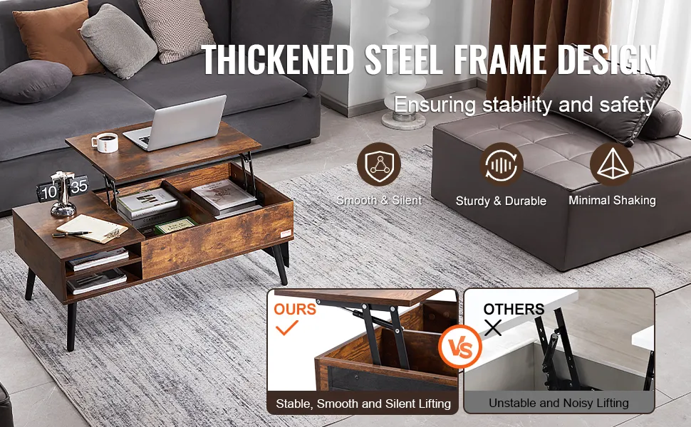 VEVOR lift top coffee table with thickened steel frame design, ensuring stability, smooth and silent lifting.