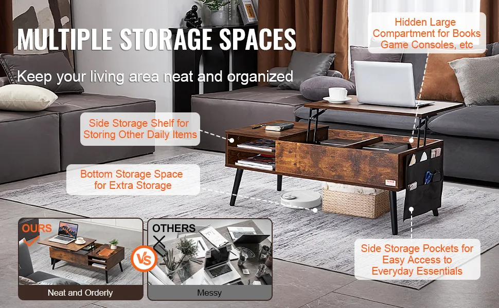 VEVOR lift top coffee table with multiple storage spaces and neat, organized living area.