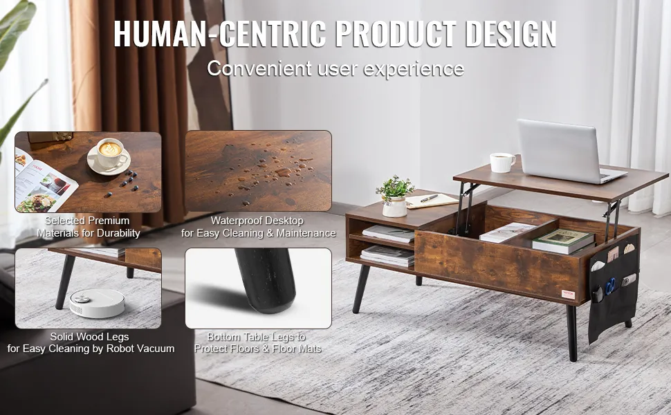 VEVOR lift top coffee table with storage, waterproof desktop, premium wood legs, and bottom protectors.