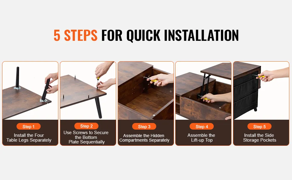 5 steps for quick installation of the VEVOR lift top coffee table with visuals showcasing each step.