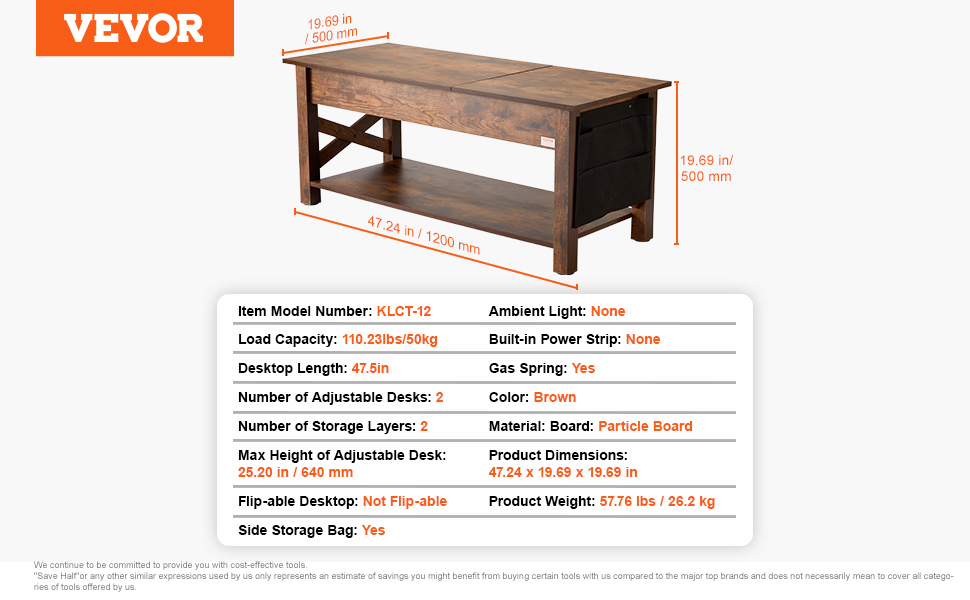 VEVOR Lift Top Coffee Table, 47.5 in Rectangle Coffee Table with