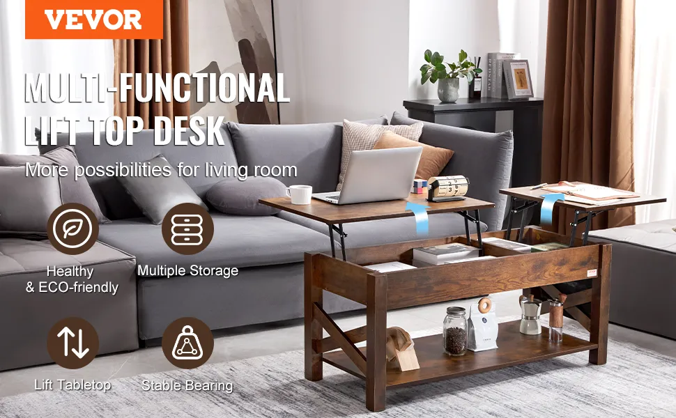 VEVOR lift top coffee table in modern living room, with multiple storage options and lift tabletop.