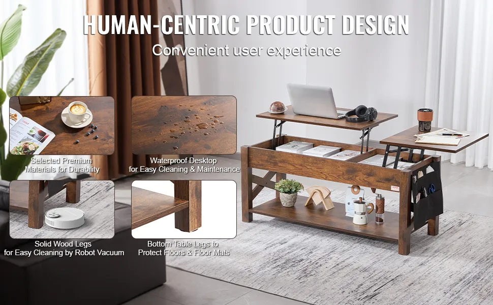 VEVOR lift top coffee table with durable wood legs, waterproof desktop, and ample storage space.