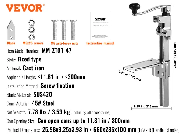 VEVOR commercial can opener fixed type, cast iron, blade sus420, screw fixation, 25.89in height.