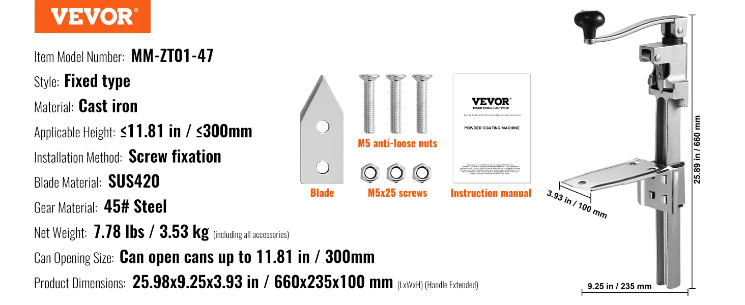 VEVOR commercial can opener fixed type, cast iron, blade sus420, screw fixation, 25.89in height.