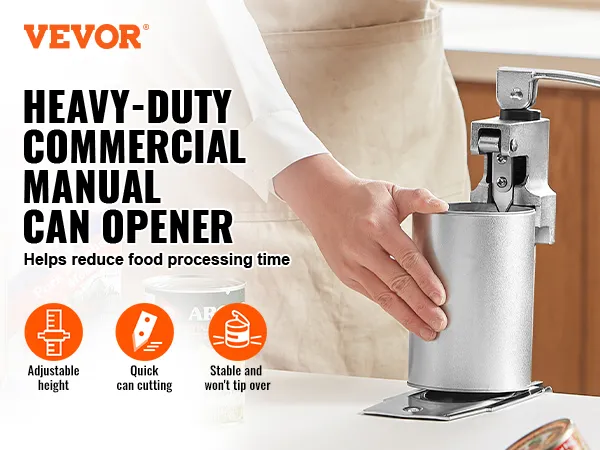 VEVOR commercial can opener in use, demonstrating adjustable height, quick cutting, and stability.