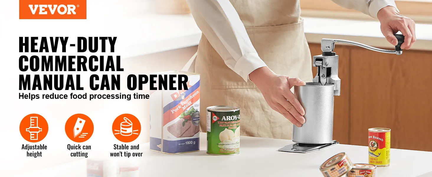 VEVOR commercial can opener in use, demonstrating adjustable height, quick cutting, and stability.
