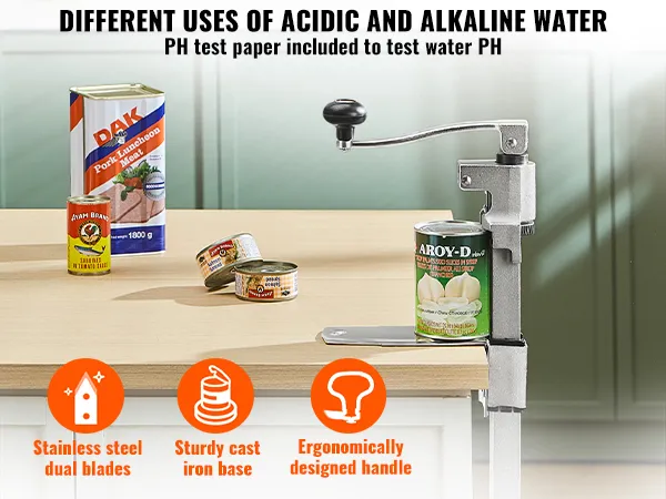 VEVOR commercial can opener on a kitchen counter with various canned goods and product features.