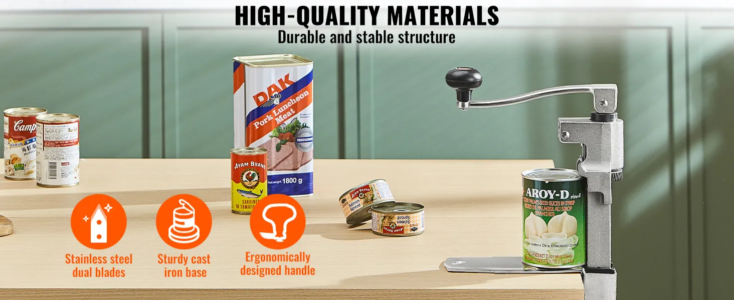 VEVOR commercial can opener on a kitchen counter with various canned goods and product features.