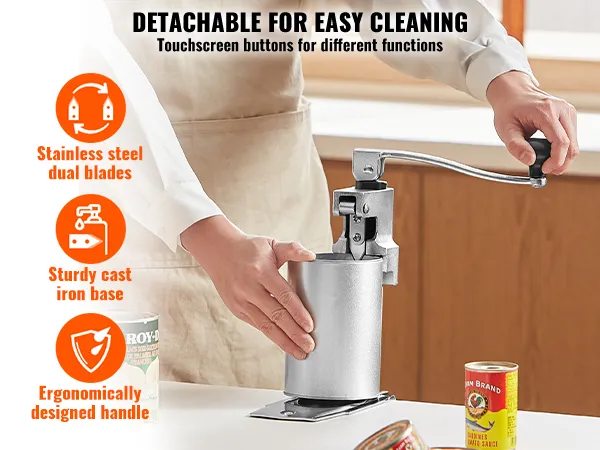 person using VEVOR commercial can opener on countertop; key features highlighted.