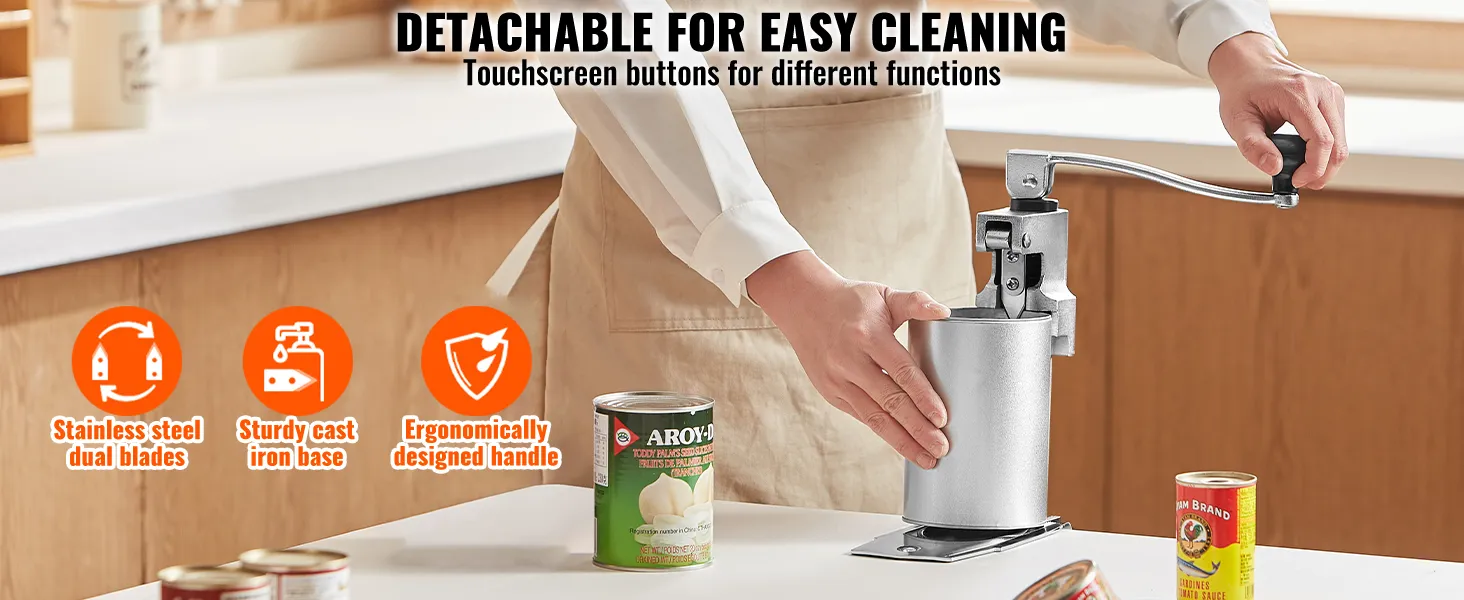 person using VEVOR commercial can opener on countertop; key features highlighted.