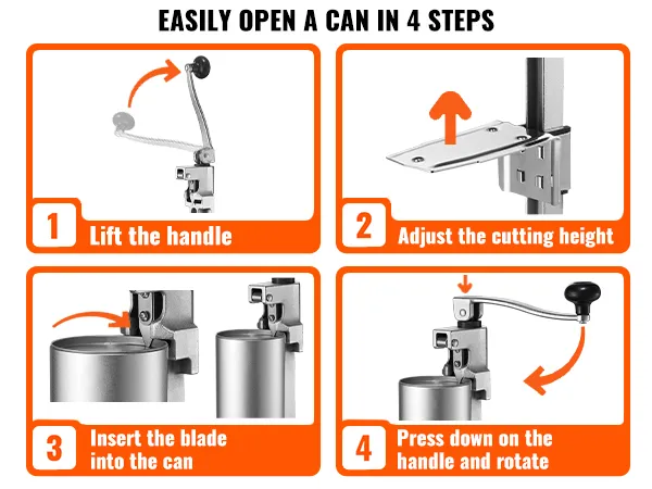 VEVOR commercial can opener: 4 steps - lift the handle, adjust height, insert blade, press and rotate.