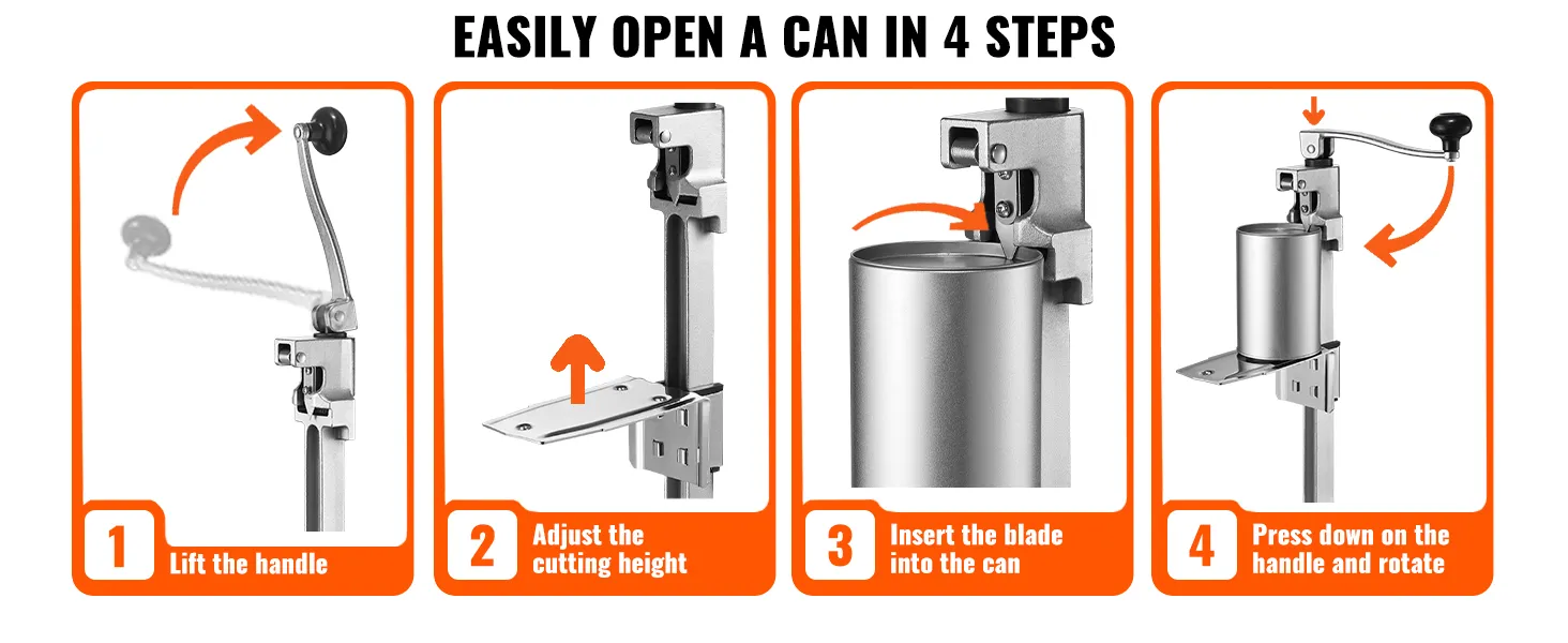 VEVOR commercial can opener: 4 steps - lift the handle, adjust height, insert blade, press and rotate.