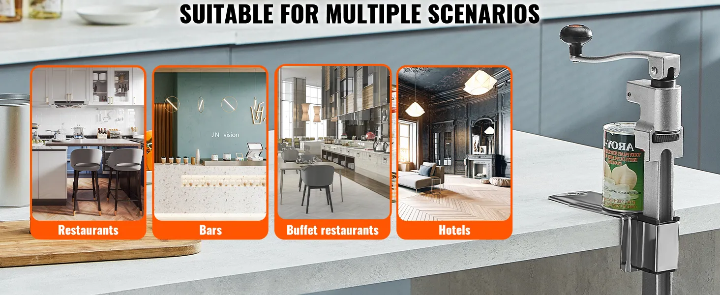VEVOR commercial can opener in kitchens, bars, buffet restaurants, and hotels, catering to diverse needs.