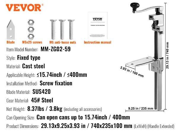 VEVOR manual can opener with screws, blade, and instruction manual designed for fixed type installation.