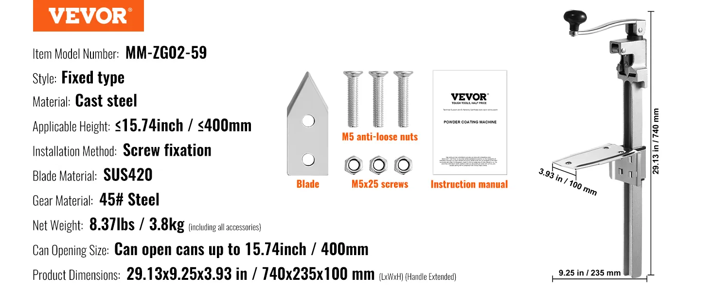 VEVOR manual can opener with screws, blade, and instruction manual designed for fixed type installation.