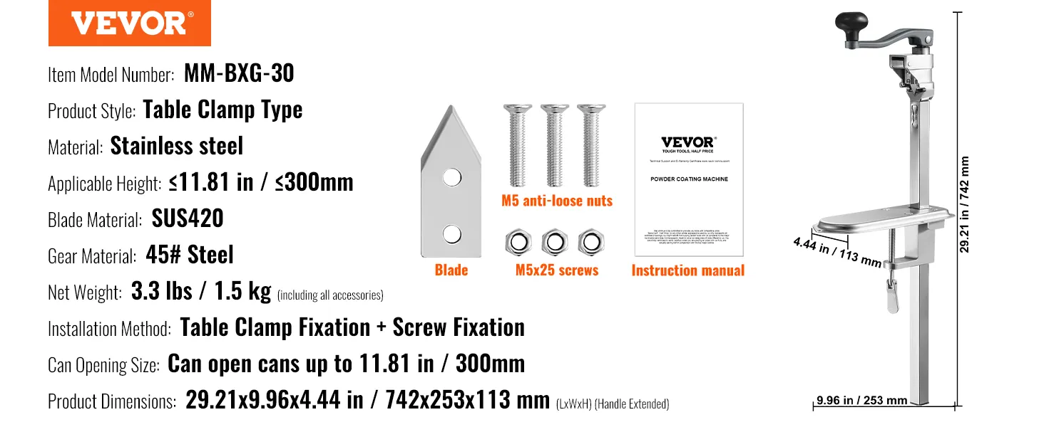 VEVOR commercial can opener with table clamp, stainless steel, 11.81 in height, 3.3 lbs weight.