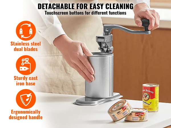 VEVOR commercial can opener, detachable for easy cleaning, stainless steel dual blades, cast iron base.