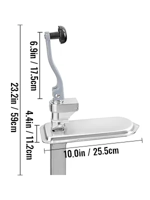 VEVOR commercial can opener with dimensions: 23.2in height, 6.9in handle, 10in base.