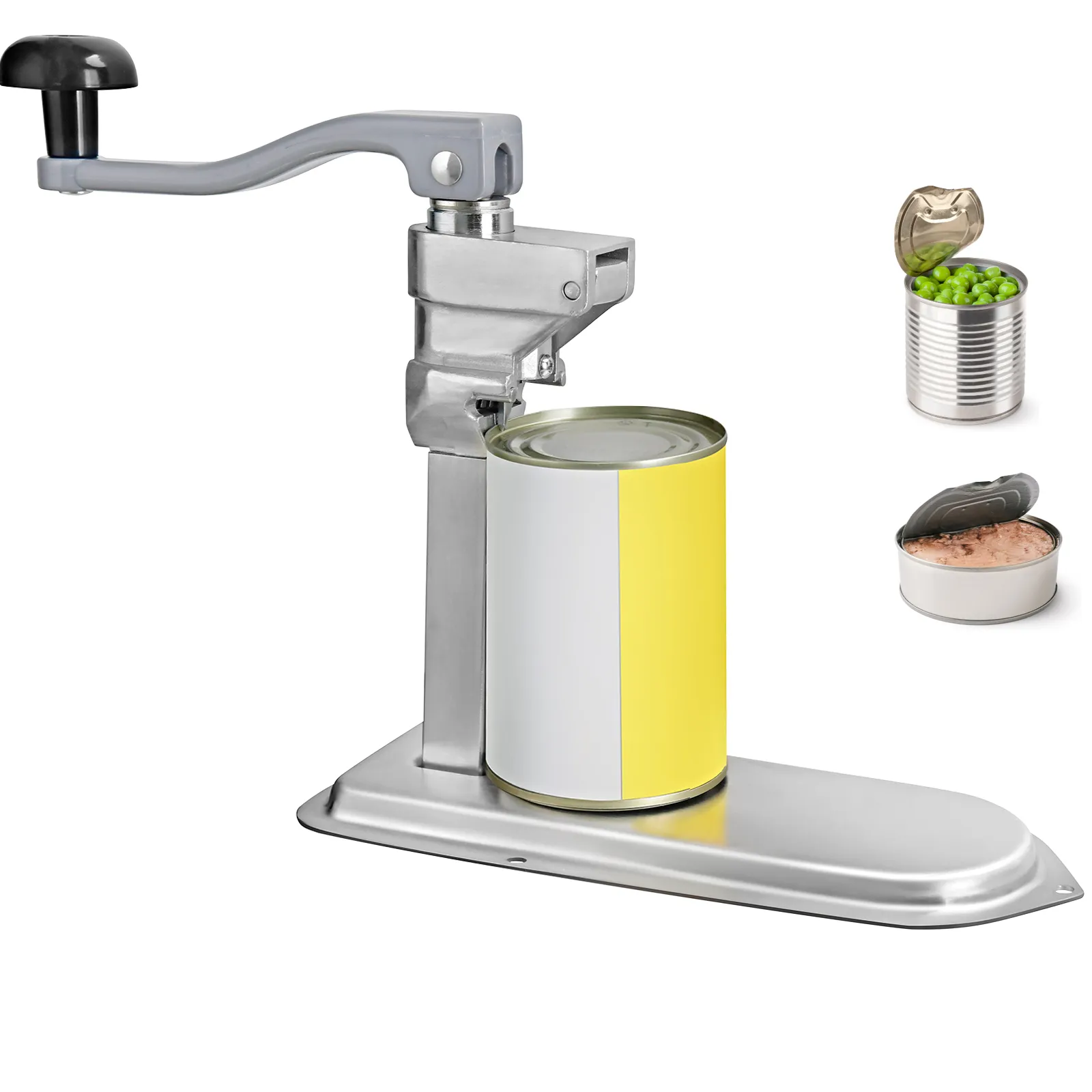 VEVOR commercial can opener cutting large can with opened cans of peas and tuna in the background.