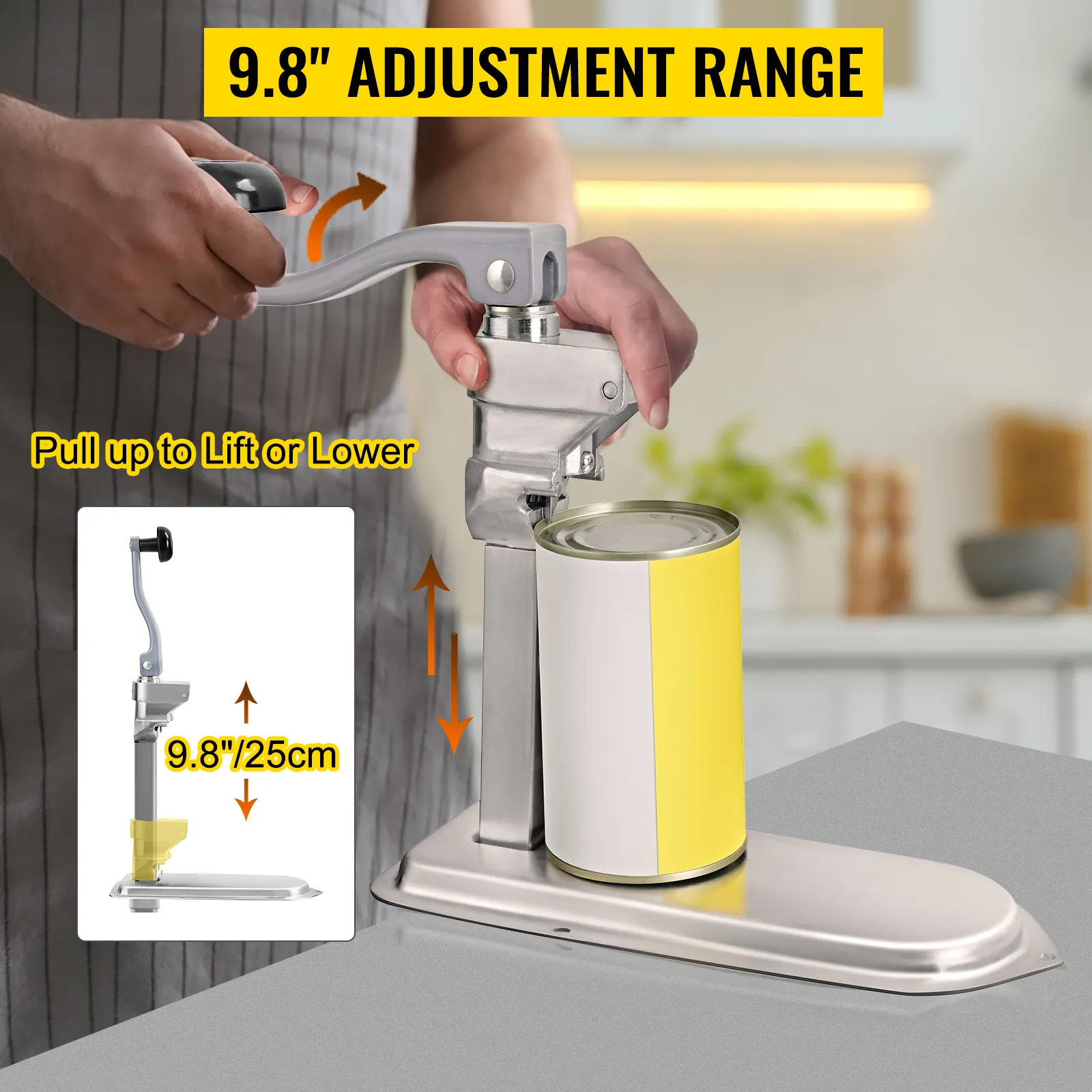 VEVOR commercial can opener with 9.8-inch adjustable height in a kitchen setting.
