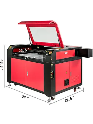 Incisore laser CO2 VEVOR rosso e nero con coperchio aperto e dimensioni contrassegnate.