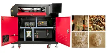 Incisore laser CO2 VEVOR con intricati disegni intagliati e porte rosse aperte.