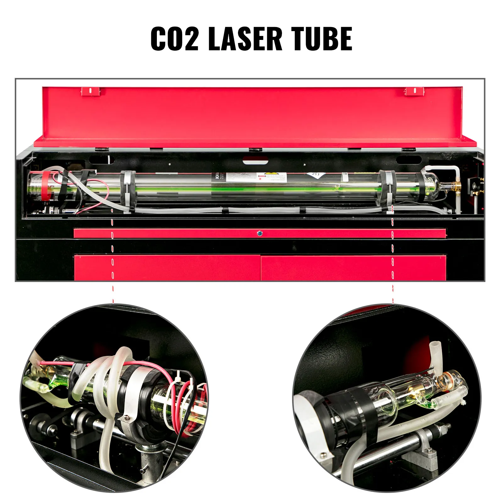 Incisore laser CO2 VEVOR che mostra il tubo laser CO2 con viste ravvicinate dettagliate.