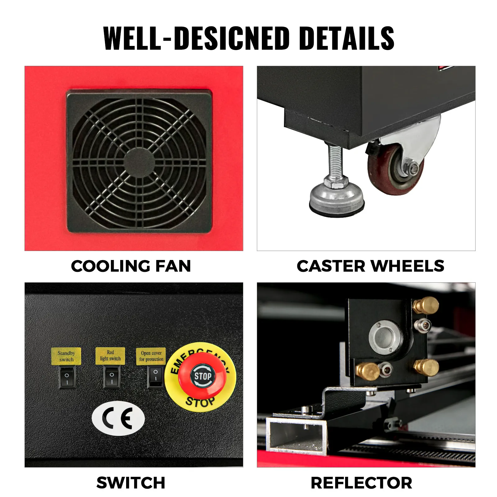 Dettagli dell'incisore laser CO2 VEVOR: ventola di raffreddamento, ruote girevoli, interruttore e riflettore.