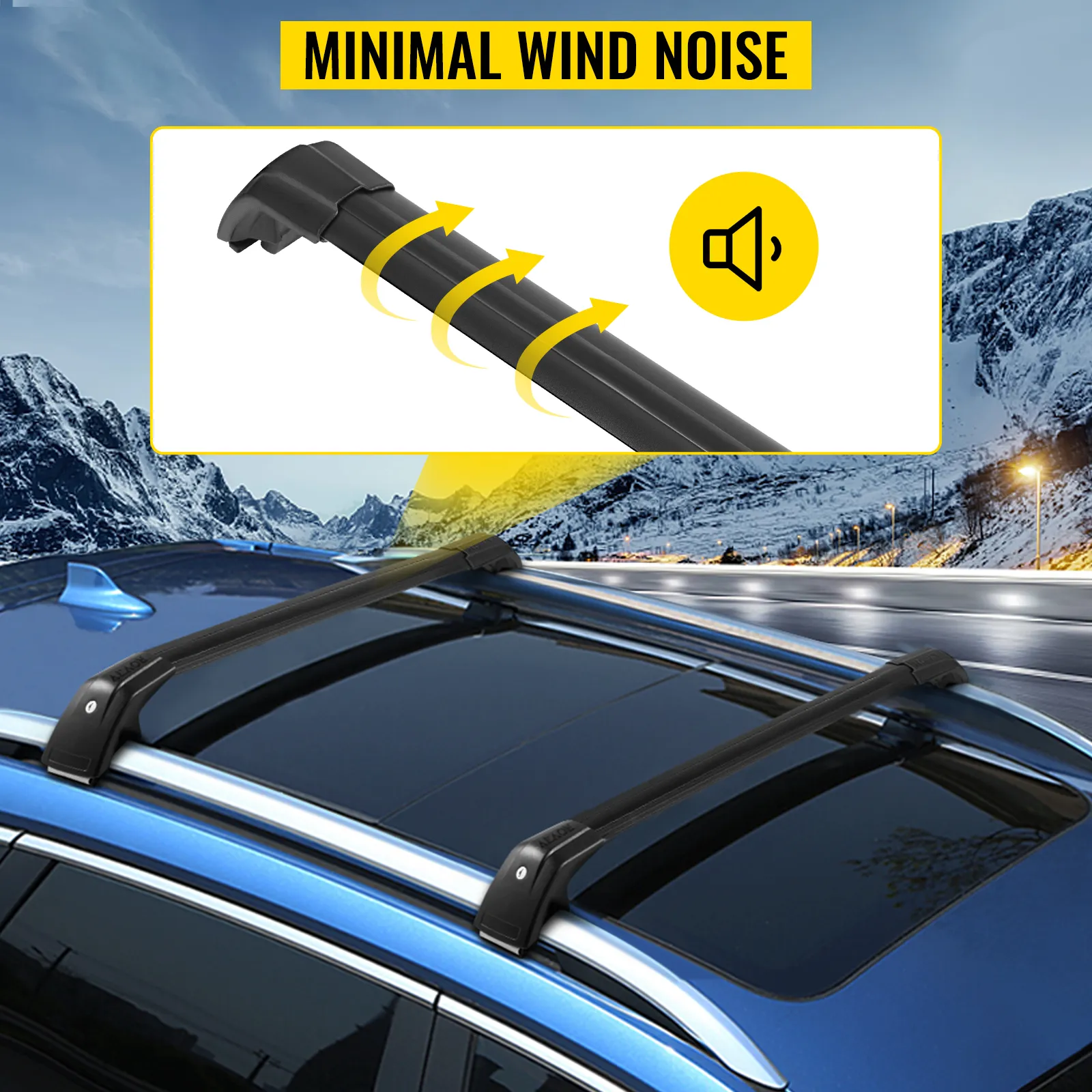 VEVOR roof rack on kia sorento in snowy mountain setting with minimal wind noise.