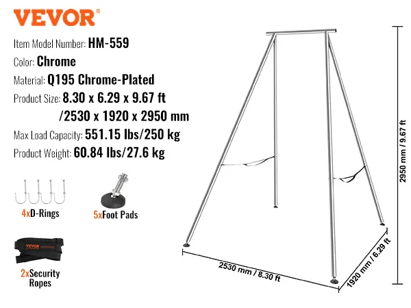 VEVOR aerial yoga frame hm-559, chrome-plated steel, 8.30x6.29x9.67 ft, 551.15 lbs max load capacity.