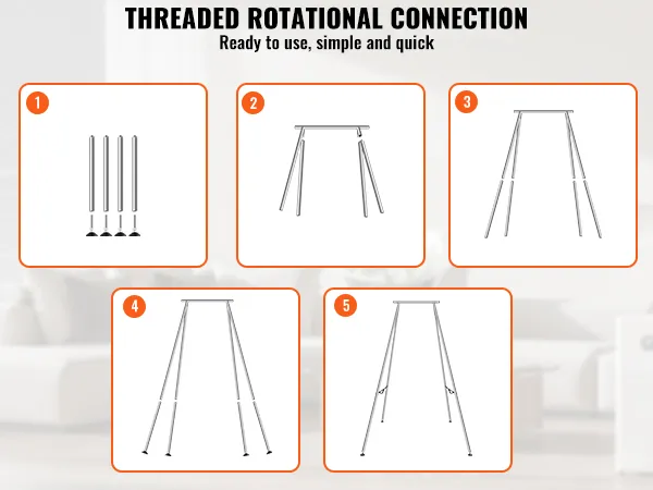 assembly steps for the VEVOR aerial yoga frame, showcasing five sequential illustrations for setup.