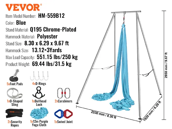 VEVOR aerial yoga frame - blauw, polyester hangmat, verchroomde standaard, 2,5 x 1,9 x 2,9 m.