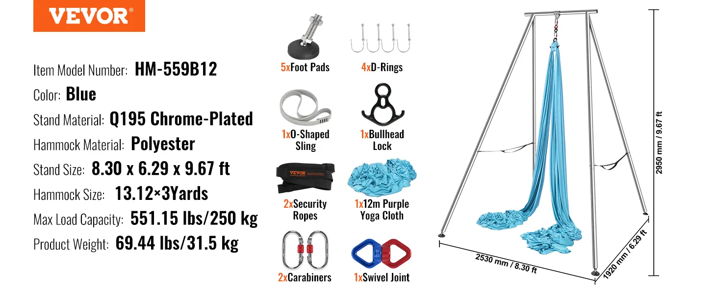 VEVOR aerial yoga frame - blauw, polyester hangmat, verchroomde standaard, 2,5 x 1,9 x 2,9 m.