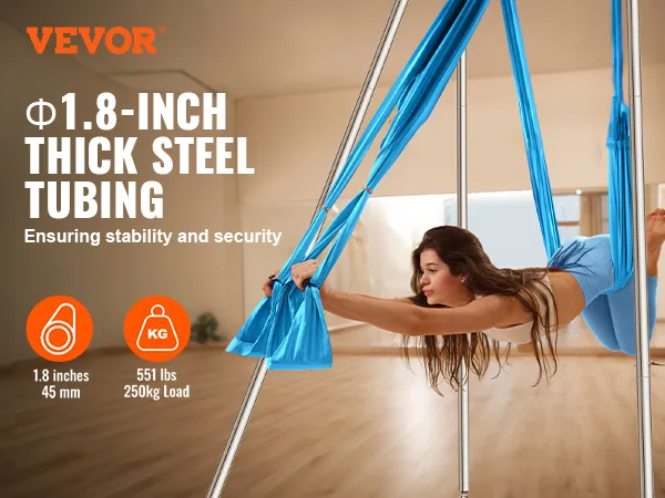 Het VEVOR aerial yoga frame met 1,8 inch dikke stalen buizen zorgt voor stabiliteit en veiligheid tijdens aerial yoga.